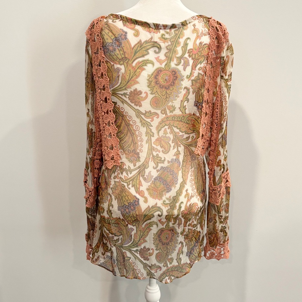 Sundance Womens Silk Top XL Paisley Crochet Trim Sheer Boho Fairy Romantic 20598 - Picture 2 of 9
